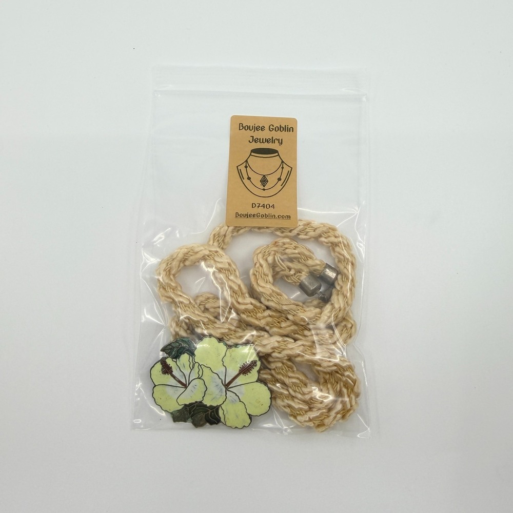 Vintage Cloisonne Hibiscus Flower Necklace with Silk Cord Boho Charm - Picture 9 of 9